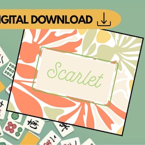 May include: A digital download graphic with the word "Scarlet" in a light green font, set against a floral pattern in shades of orange, white, and green. The words "DIGITAL DOWNLOAD" are at the top.