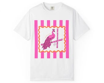 Bam Bird Illustration T-shirt | Striped Frame Tropical Bird Tee