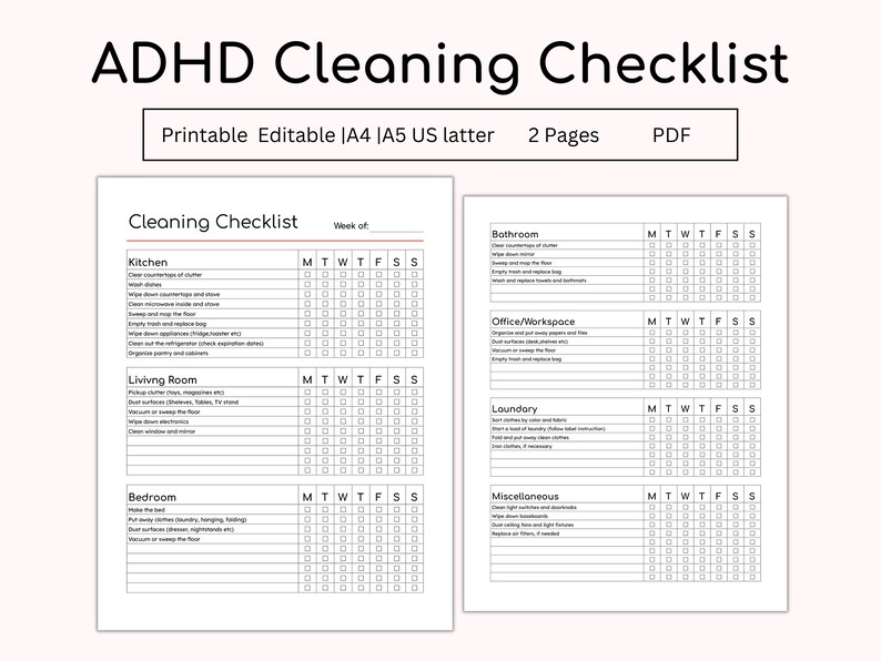 ADHD Cleaning Checklist Printable Adhd Cleaning Planner Adhd Etsy 