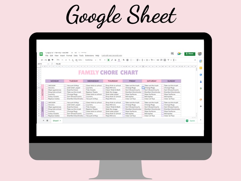 Family Chore Chart Google Sheets Template Editable Chore Etsy