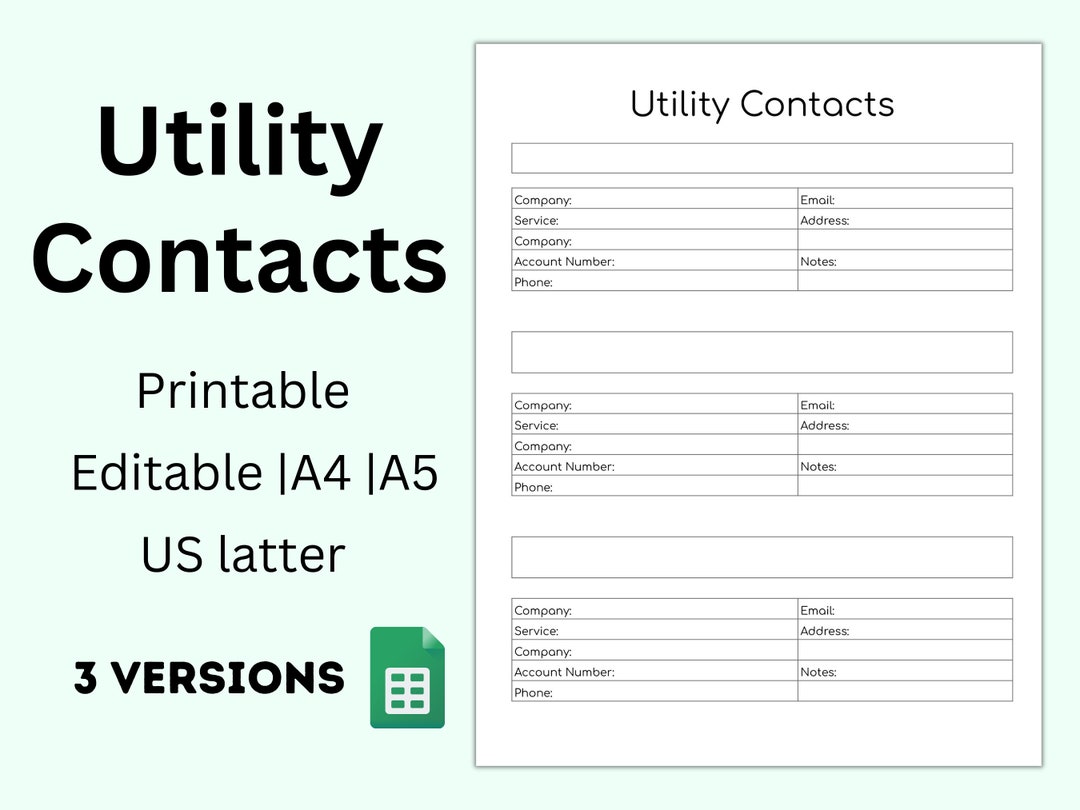 Printable Utility Contacts Tracker Utility Service Address - Etsy