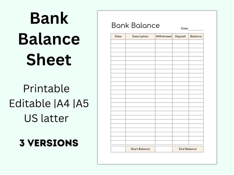 Bank Balance Sheet Printable Banking Record Bank Account - Etsy