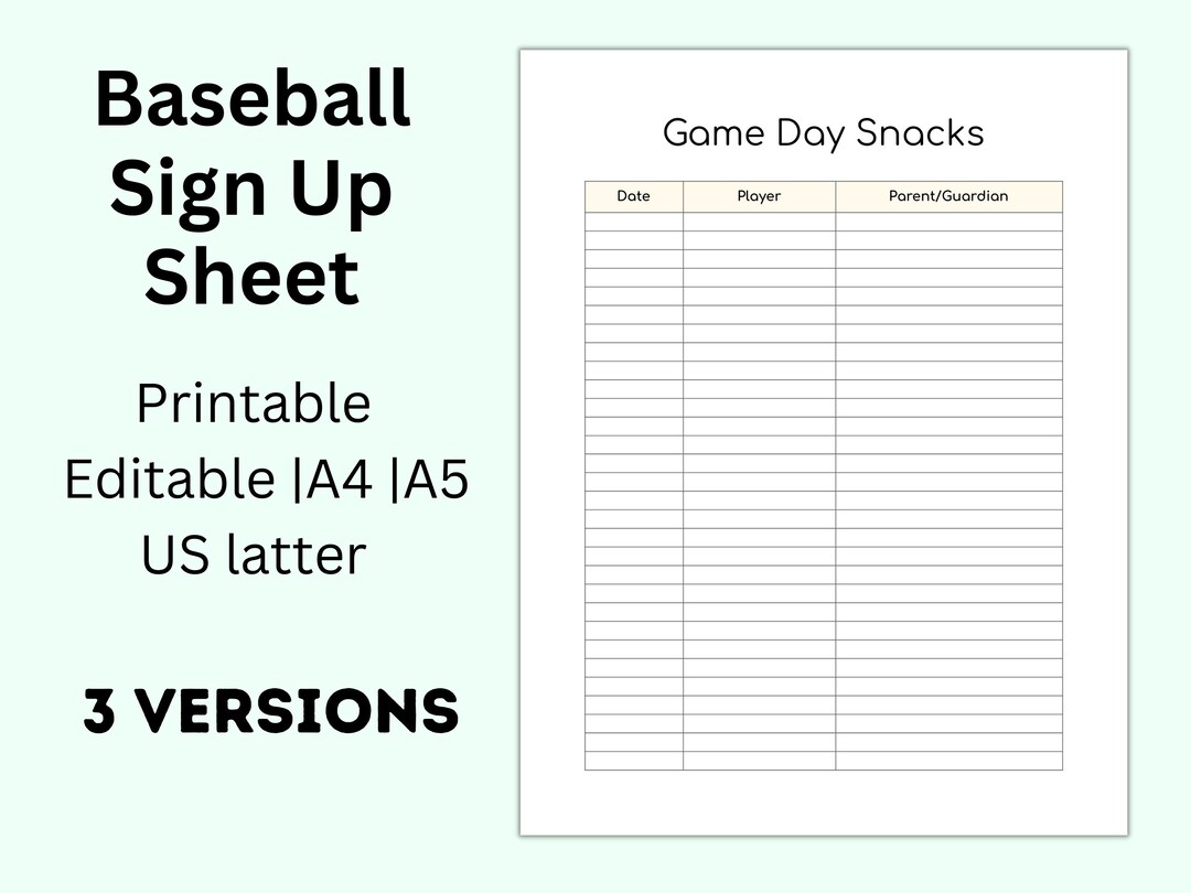 Baseball Snack Sign in Sheet Printable Baseball Printable Etsy