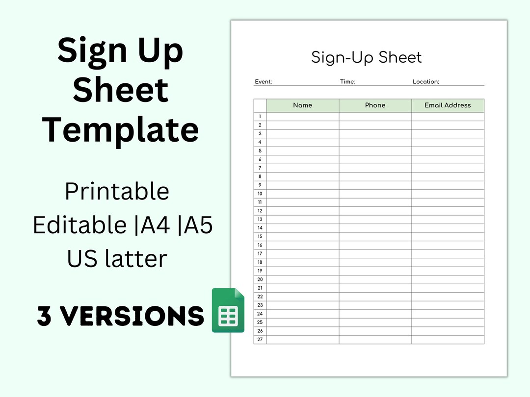 Printable Sign Up Sheet Google Sheet Sign Up Template Event Etsy