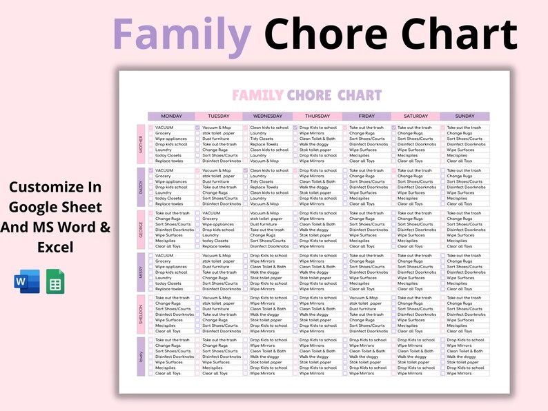 Family Chore Chart Google Sheets Template Editable Chore Etsy