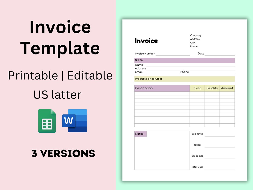 INVOICES Template Printable & Editable Contractor Invoice Etsy