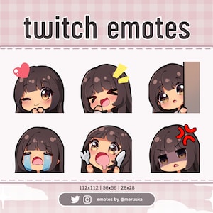 Twitch Emotes / Cute Chibi Girl / Brown Hair with Bangs / Brown Eyes / Tanned Skin / Discord / Youtube / Streaming / Emote Pack