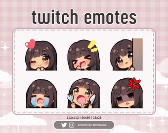 Twitch 絵文字 / かわいいちびガール / 前髪のある茶色の髪 / 茶色の目 / 日焼けした肌 / Discord / Youtube / ストリーミング / 絵文字パック