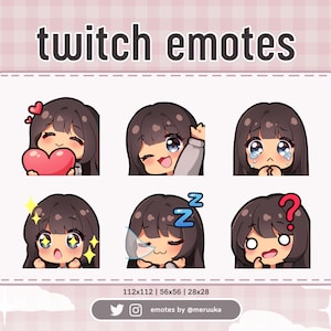 Twitch Emotes / Cute Chibi Girl / Cheveux bruns avec frange / Yeux bleus / Peau bronzée / Discord / Youtube / Streaming / Emote Pack