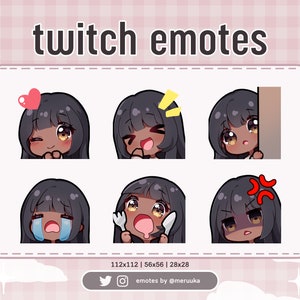 Twitch Emotes / Cute Chibi Girl / Black Hair with Bangs / Brown Eyes / Dark Skin / Premade / Discord / Youtube / Streaming / Emote Pack