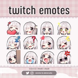 Twitch Emotes / Süße Chibi Mädchen / SilberNe Haare mit Knallen / Schwarze Augen / Premade / Discord / Youtube / Streamer / Streaming / Emote Pack