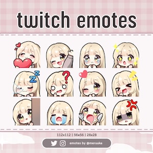 Twitch Emotes / Cute Chibi Girl / Blonde Hair with Bangs / Green Eyes / Premade / Discord / Youtube / Streaming / Emote Pack