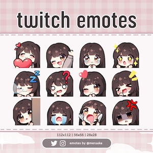 Twitch Emotes / Cute Chibi Girl / Brown Hair with Bangs / Brown Eyes / Premade / Discord / Youtube / Streamer / Streaming / Emote Pack