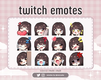 Twitch Emotes / Cute Chibi Girl / Brown Hair with Bangs / Brown Eyes / Premade / Discord / Youtube / Streamer / Streaming / Emote Pack
