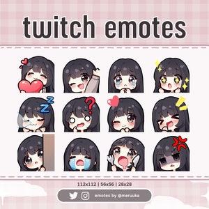 Twitch 絵文字 / かわいいちびガール / 前髪ありの黒髪 / 黒い目 / 既製 / Discord / Youtube / ストリーマー / ストリーミング / 絵文字パック