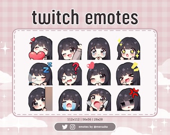 Twitch Emotes / Cute Chibi Girl / Black Hair with Bangs / Black Eyes / Premade / Discord / Youtube / Streamer / Streaming / Emote Pack