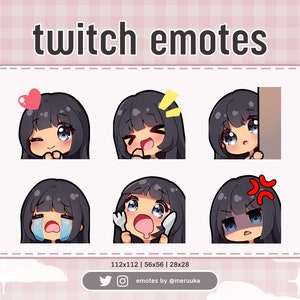 Twitch Emotes / Cute Chibi Girl / Black Hair with Bangs / Blue Eyes / Tanned Skin / Premade / Discord / Youtube / Streamer / Emote Pack