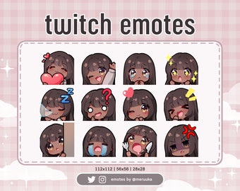 Twitch Emotes / Linda garota Chibi / Cabelo castanho com franja / Olhos castanhos / Pele escura / Discord / Youtube / Streamer / Emote Pack