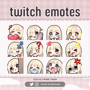 Twitch Emotes / Cute Chibi Girl / Blonde Hair with Bangs / Blue Eyes / Premade / Discord / Youtube / Streaming / Emote Pack