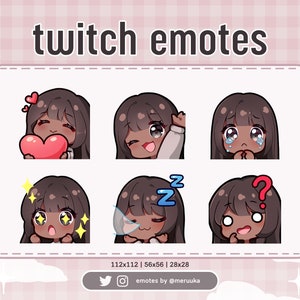 Twitch Emotes / Cute Chibi Girl / Brown Hair with Bangs / Black Eyes / Dark Skin / Discord / Youtube / Streamer / Emote Pack