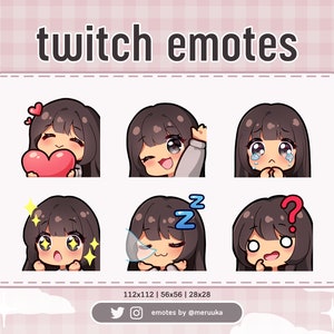 Twitch Emotes / Cute Chibi Girl / Brown Hair with Bangs / Black Eyes / Tanned Skin / Discord / Youtube / Streaming / Emote Pack