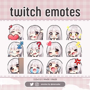 Twitch Emotes / Cute Chibi Girl / Silver Hair with Bangs / Brown Eyes / Premade / Discord / Youtube / Streamer / Streaming / Emote Pack