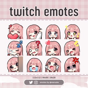 Twitch Emotes / Cute Chibi Girl / Pink Hair with Bangs / Black Eyes / Premade / Discord / Youtube / Streamer / Streaming / Emote Pack