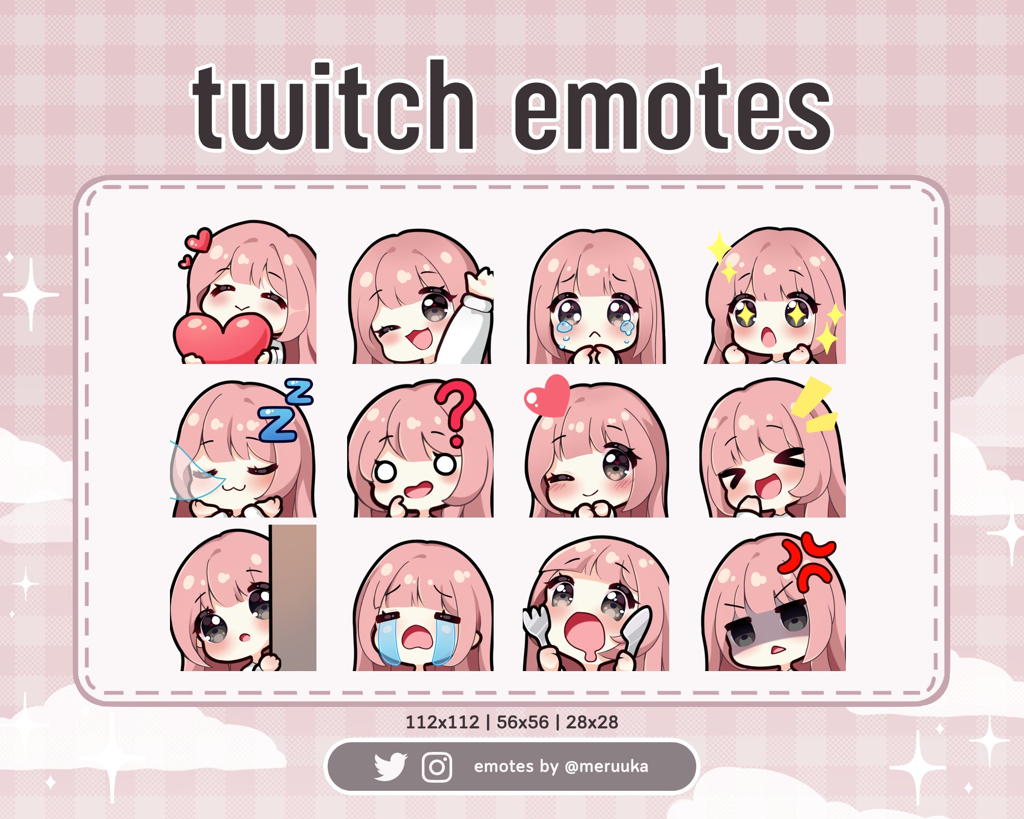 Twitch Emotes / 6 Cute chibi emoji emotes for streamers / kawaii brunette  girl stream emoji gg hype rage lol