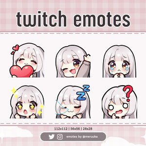 Twitch Emotes / Cute Chibi Girl / Silver Hair with Bangs / Brown Eyes / Premade / Discord / Youtube / Streamer / Streaming / Emote Pack