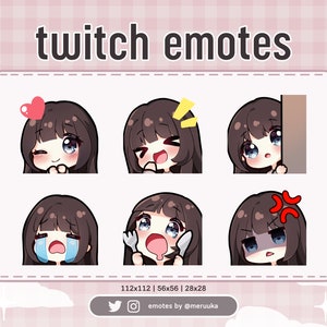 Twitch Emotes / Cute Chibi Girl / Cheveux bruns avec frange / Blue Eyes / Premade / Discord / Youtube / Streamer / Streaming / Emote Pack
