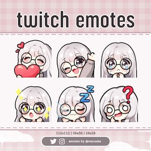 Twitch Emotes / Cute Chibi Girl / Silver Hair with Bangs and Glasses / Grey Eyes / Premade / Discord / Youtube / Streaming / Emote Pack