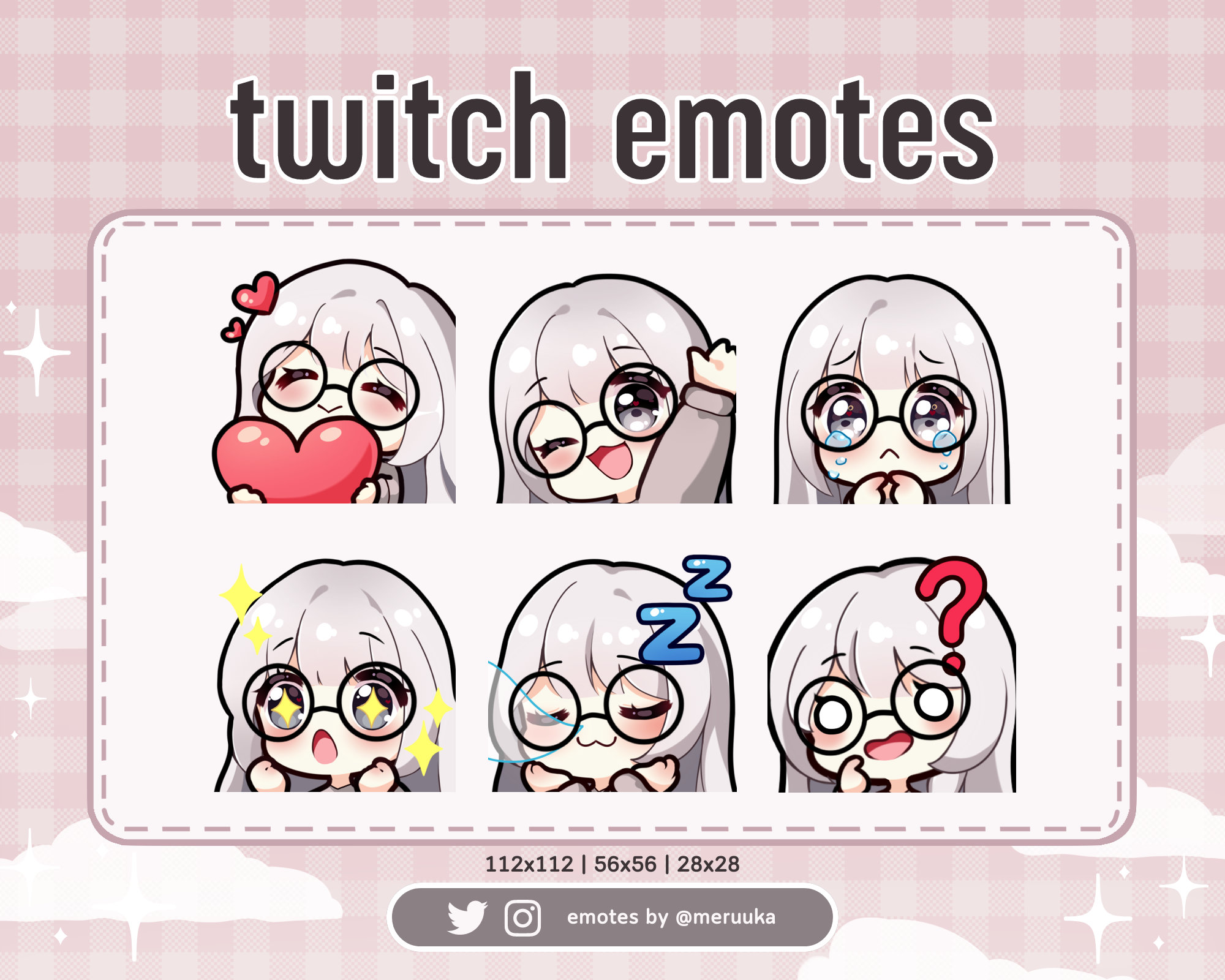 Twitch Emotes / Cute Chibi Girl / Silver Hair With Bangs and Glasses ...