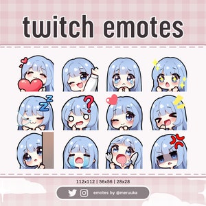 Twitch Emotes / Cute Chibi Girl / Blue Hair with Bangs / Blue Eyes / Premade / Discord / Youtube / Streamer / Streaming / Emote Pack
