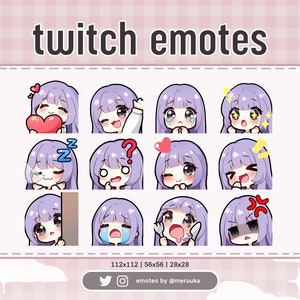 Twitch 絵文字 / かわいいちびガール / 前髪のある紫の髪 / 黒い目 / 既製 / Discord / Youtube / ストリーマー / ストリーミング / 絵文字パック