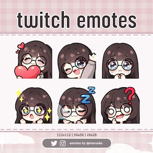 Twitch Emotes / Cute Chibi Girl / Cheveux bruns avec frange et lunettes / Blue Eyes / Premade / Discord / Youtube / Streaming / Emote Pack