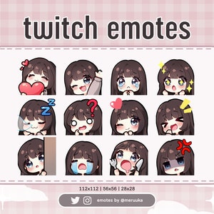 Twitch Emotes / Cute Chibi Girl / Cheveux bruns avec frange / Blue Eyes / Premade / Discord / Youtube / Streamer / Streaming / Emote Pack