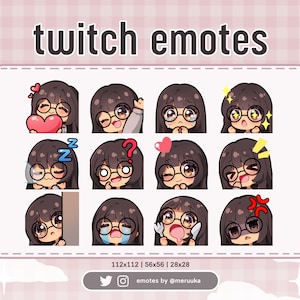 Twitch Emotes / Cute Chibi Girl / Brown Hair with Bangs and Glasses / Brown Eyes / Tanned Skin / Discord / Youtube / Streaming / Emote Pack