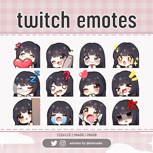 Twitch Emotes / Cute Chibi Girl / Black Hair with Bangs / Brown Eyes / Premade / Discord / Youtube / Streamer / Streaming / Emote Pack