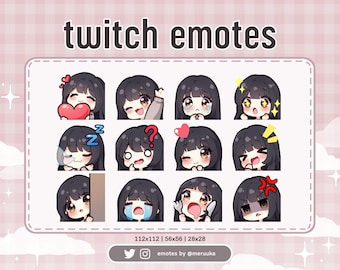 Twitch Emotes / Linda garota Chibi / Cabelo preto com franja / Olhos castanhos / Pré-fabricados / Discord / Youtube / Streamer / Streaming / Emote Pack