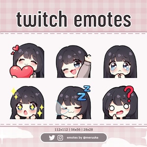 Twitch Emotes / Süßes Chibi Mädchen / Schwarze Haare mit Knallen / Blaue Augen / Premade / Discord / Youtube / Streamer / Streaming / Emote Pack