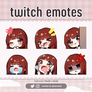 Twitch Emotes / Cute Chibi Girl / Red Hair with Bangs / Brown Eyes / Premade / Discord / Youtube / Streamer / Streaming / Emote Pack