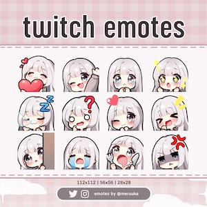 Twitch Emotes / Cute Chibi Girl / Silver Hair with Bangs / Grey Eyes / Premade / Discord / Youtube / Streamer / Streaming / Emote Pack