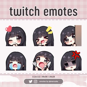 Twitch Emotes / Cute Chibi Girl / Black Hair with Bangs / Black Eyes / Premade / Discord / Youtube / Streamer / Streaming / Emote Pack