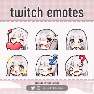 Twitch Emotes / Niedliches Chibi Mädchen / SilberNe Haare mit Bangs / Graue Augen / Premade / Discord / Youtube / Streamer / Streaming / Emote Pack
