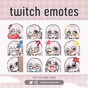 Twitch Emotes / Cute Chibi Girl / Silver Hair with Bangs and Glasses / Grey Eyes / Discord / Youtube / Streaming / Emote Pack