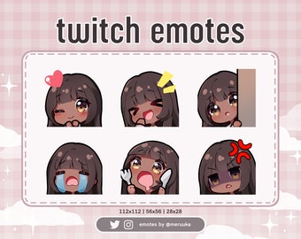 Twitch Emotes / Linda garota Chibi / Cabelo castanho com franja / Olhos castanhos / Pele escura / Discord / Youtube / Streamer / Emote Pack