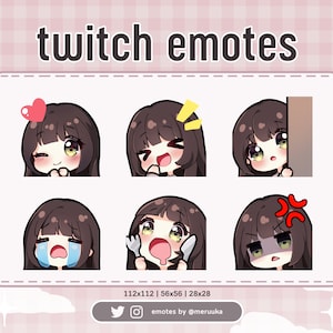 Twitch Emotes / Cute Chibi Girl / Brown Hair with Bangs / Green Eyes / Premade / Discord / Youtube / Streamer / Streaming / Emote Pack