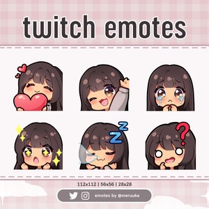 Twitch Emotes / Cute Chibi Girl / Brown Hair with Bangs / Brown Eyes / Tanned Skin / Discord / Youtube / Streaming / Emote Pack