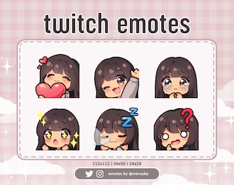 Twitch Emotes / Cute Chibi Girl / Brown Hair with Bangs / Brown Eyes / Tanned Skin / Discord / Youtube / Streaming / Emote Pack