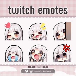 Twitch Emotes / Cute Chibi Girl / Silver Hair with Bangs / Brown Eyes / Premade / Discord / Youtube / Streamer / Streaming / Emote Pack